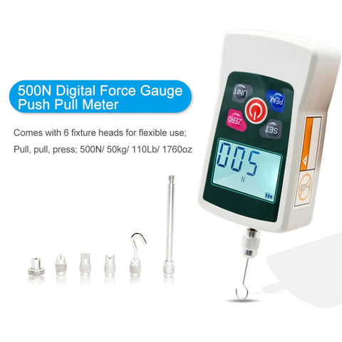 50N Digital Force Meter Handheld Push Pull Tester With 3 Modes And 4 Units Backlit Screen For Precise Measurement And Solid Statistical Analysis A Dope Tool For Lab Work And Field Testing, with 6 fixture heads