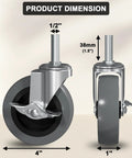 Product dimensions of 4 Inch Caster Wheels Set Of Four With Locking Threaded Stem 1/2-13 X 1-1/2 Inches, showing side and front view