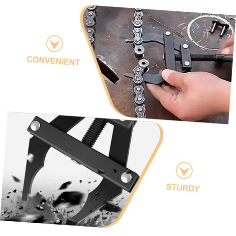 Hands using Heavy Duty Motorcycle Chain Adjuster Tool For Bike Gear Tensioning Solid Steel Build on motorcycle chain.