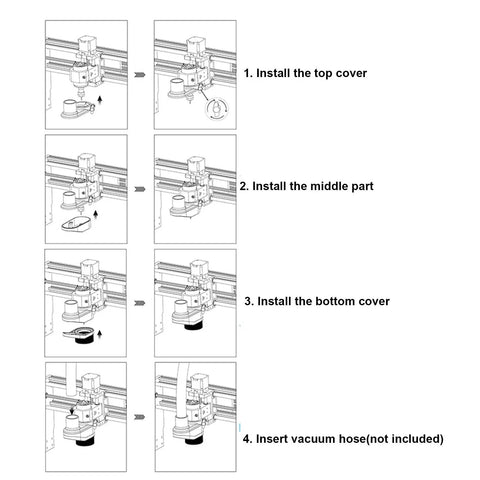 Instructions for installing the Slick Transparent CNC Router Dust Shoe For 45mm Spindle on a router setup.