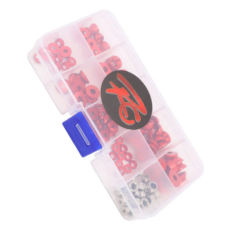 Premium Aluminum CNC Machined RC Screw Washer Kit With Flat Cup Head Washers And Nuts in clear box, Red Anodized