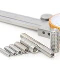 DIY Ready M3 Grub Screws 8mm 0.5mm Pitch, Headless Cup and Flat Point Internal Hex Drive, 304 Stainless Steel, with caliper