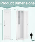 Slim Broom Storage Cabinet With Shelves And Hanging Rod Locking Door Metal Cabinet For Tight Spaces in white, front and open view