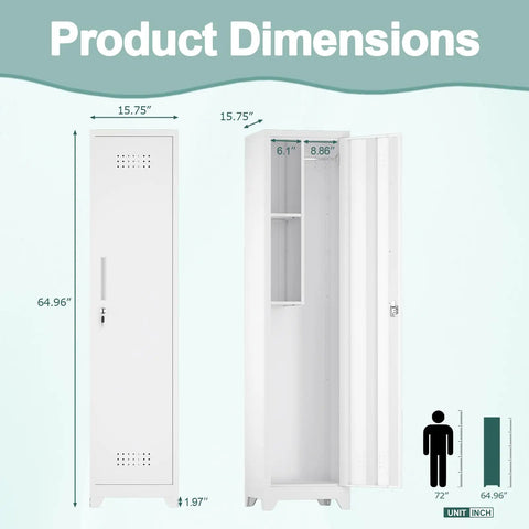 Slim Broom Storage Cabinet With Shelves And Hanging Rod Locking Door Metal Cabinet For Tight Spaces in white, front and open view