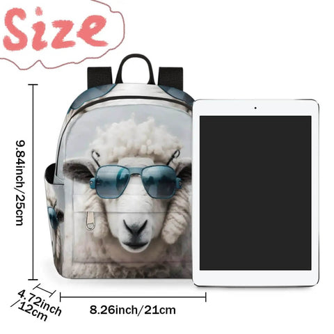 Mini Backpack Purse For Women With Adjustable Straps, Cute Sheep Print Small Daypack shown with a tablet for size comparison