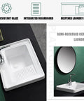 Ceramic Laundry Sink - Single Bowl Bathroom Vessel Sink, Semi-Recessed Square Design With Washboard, shown from above with faucet.