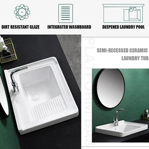 Ceramic Laundry Sink - Single Bowl Bathroom Vessel Sink, Semi-Recessed Square Design With Washboard, shown from above with faucet.