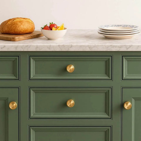 Champagne Bronze Cabinet Knobs Set Of 10 For Kitchen And Furniture, One And A Quarter Inch Single Hole Zinc Alloy Knobs on green drawers