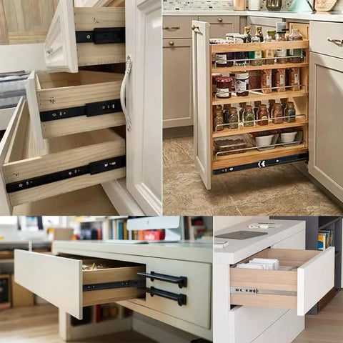 Heavy Duty 45mm Drawer Runners With Full Extension Drawer Slides Three Section Steel Ball Bearing Rails Side Mount 32 Inch Metal Runners In installed kitchen and office drawers