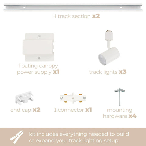 Amped Collection 3 Light LED Track Kit components with 4ft track, 3 LED heads, connectors, and mounting hardware in white finish.