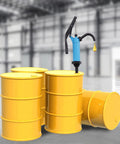Plastic Lever Action Drum Pump Hand Transfer For 5 To 55 Gallon Barrels Delivers 10.8 Oz Per Stroke Fits 2 Inch Bung Openings Awesome For Oils Water Based Liquids And Mild Acids Or Alkalis In Workshop Or Farm Blue, shown in yellow drums