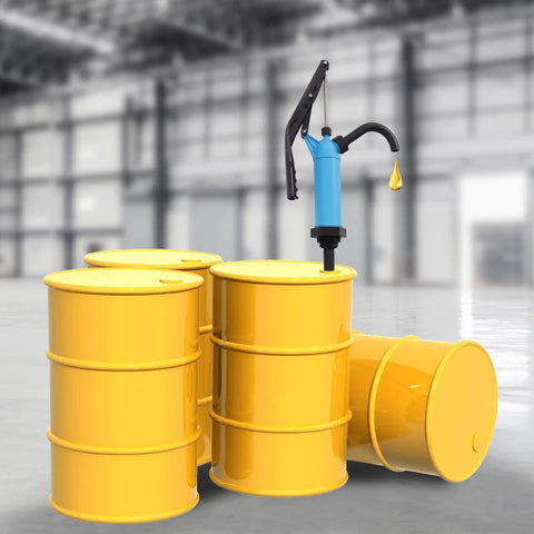 Plastic Lever Action Drum Pump Hand Transfer For 5 To 55 Gallon Barrels Delivers 10.8 Oz Per Stroke Fits 2 Inch Bung Openings Awesome For Oils Water Based Liquids And Mild Acids Or Alkalis In Workshop Or Farm Blue, shown in yellow drums