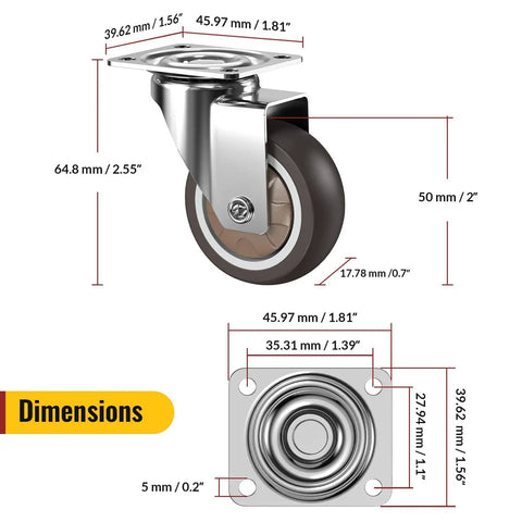Dimensions of Heavy Duty 2 Inch Caster Wheels Set Of 4, Rubber Quiet Swivel Castors With Ball Bearings, Supports Up To 270 Lbs