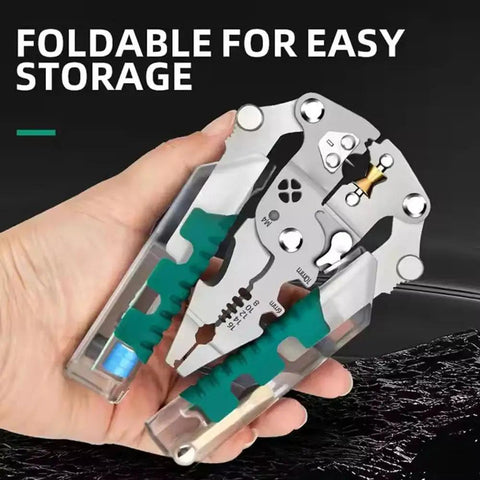 8 In 1 Wire Stripper With Voltage Tester Foldable Multifunction Pliers for crimping and stripping, held in hand
