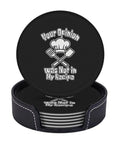 Leather Coasters 6 Piece Set With Holder For Weddings, Bars, Homes, And Offices, Microfiber PU Leather, Round Black Coasters in Holder