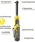 Workhorse Cordless Electric Ratchet Wrench 3/8 Inch, 40 Ft-Lbs Torque 12V kit with ergonomic grip and LED light display