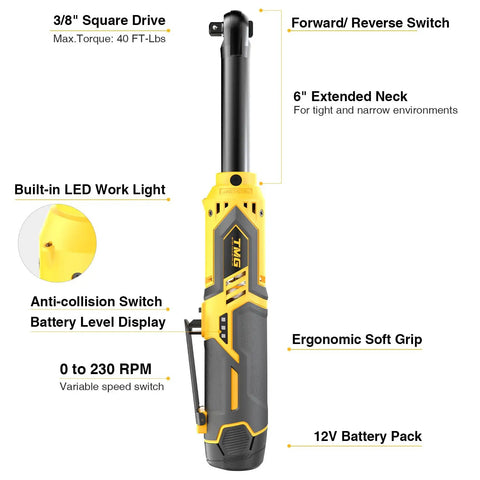 Workhorse Cordless Electric Ratchet Wrench 3/8 Inch, 40 Ft-Lbs Torque 12V kit with ergonomic grip and LED light display
