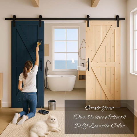 Woman painting Knotty Pine Barn Door 36 By 84 Inches Unfinished Solid Wood with sliding hardware kit, in a rustic bathroom setting.