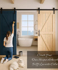 Woman staining Unfinished Spruce Barn Door 42 In By 84 In With Classic British Brace Modern Style Solid Wood Single Door Ready To Stain