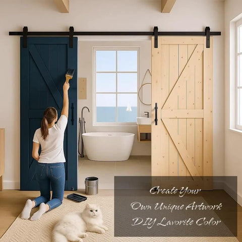 Woman staining Unfinished Spruce Barn Door 42 In By 84 In With Classic British Brace Modern Style Solid Wood Single Door Ready To Stain