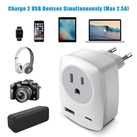 Europe Travel Plug Adapter With USB C Port Not For UK Wall Charger and electronic devices like laptop and headphones