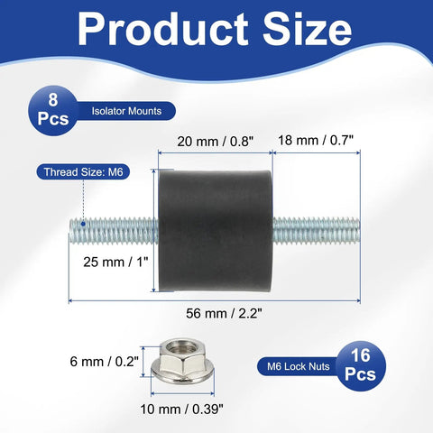 Heavy Duty M6 Rubber Isolator Mounts 25x20mm Pack Of 8 Beefed-Up Anti Vibe Shock Absorber Mounts With Lock Nuts For Motors, Air Compressors, Engines, 56mm Total Height For Superior Vibe Control In Industrial Machinery, size diagram