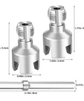 Dual-Function Pipe Threader For 1/2 Inch And 3/4 Inch Plastic Pipes, Portable 4-Piece Set For Internal And External Threading, Carbon Steel Construction, Ideal For Quick DIY Home Plumbing Repairs, shown with size measurements