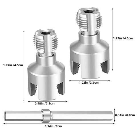 Dual-Function Pipe Threader For 1/2 Inch And 3/4 Inch Plastic Pipes, Portable 4-Piece Set For Internal And External Threading, Carbon Steel Construction, Ideal For Quick DIY Home Plumbing Repairs, shown with size measurements