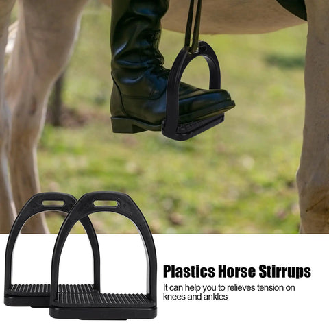 Rider using Two Pack Plastic Western Stirrups With Grippy Rubber Grip Mats Durable 4.6 By 4.3 Inch English Saddle Stirrups for secure footing.