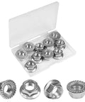 10 Pack M10 Serrated Flange Hex Nuts 1.5mm Pitch, 304 Stainless Steel Full Thread Lock Nuts in open plastic case
