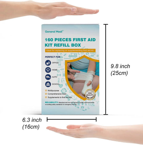 General Medi 160-piece first aid kit refill box with instant cold pack, bandages, gauze, emergency blanket