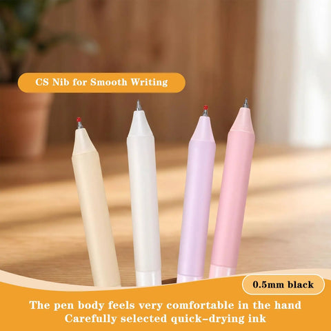 Four Cute Retractable Gel Pens With Glitter Cat Design, 0.5mm Fine Point Black Ink, shown in pink, white, lilac, and cream.