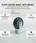 Heavy Duty Plate Caster With Brake for Hand Trucks and Industrial Carts, solid rubber wheel on uneven pavement.
