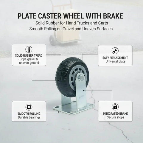 Heavy Duty Plate Caster With Brake for Hand Trucks and Industrial Carts, solid rubber wheel on uneven pavement.