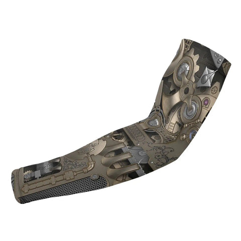 Kick The Heat With These Badass Steampunk Mechanical Gears Arm Sleeves Offering Superior UV Blocking And Sweat Free Compression Unisex Sun Guards Ready For Gravel Roads And Weekend Trail Blazing In Crisp White, detailed gear print.