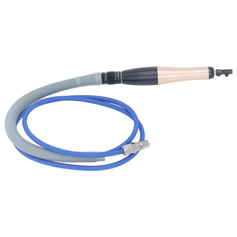 High Speed Pencil Die Grinder Air Tool Built Like A Tank At 23000 Rpm Featuring Tough Aluminum Alloy Body with blue hose attached.