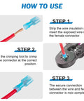 Ftimda nylon insulated female spade connectors kit; blue crimp terminals with three-step how-to infographic