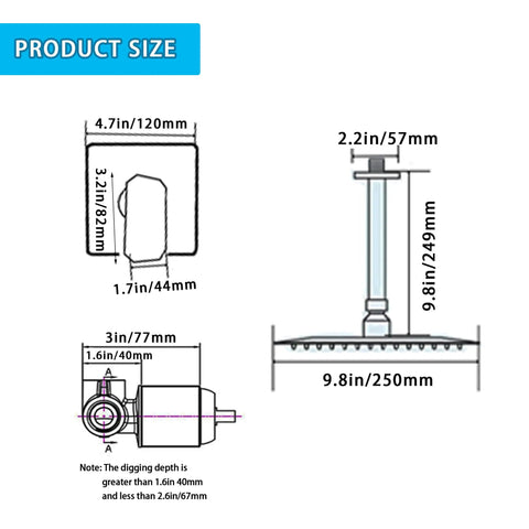 Diagram showing dimensions of Ceiling Mount Rain Shower System With 10 Inch Square Head Matte Black Finish Rough-In Valve
