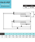 Dimensions of 12V Potentiometer Feedback Mini Linear Actuator With 3 Inch Stroke 56 Lbs Force IP65 Water Resistant