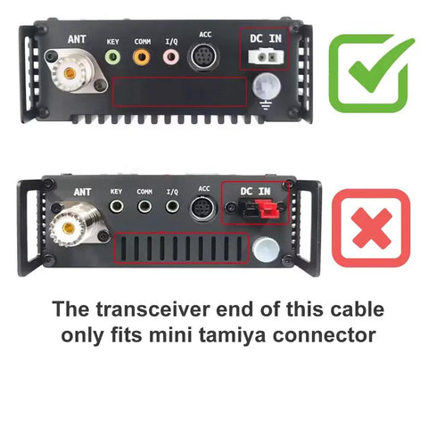 Two transceiver back panels showing compatible DC IN for Car Auxiliary 12V Power Plug Adapter Cable for Ham Radio.