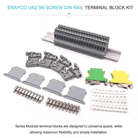 Din Rail Terminal Blocks Kit With UK2.5B Blocks 12 AWG Gauge 20A 600V Rating Includes Ground Blocks Jumpers End Brackets End Covers Marker Strips And 8 Inch Aluminum Rail For Fast Pro Grade Wiring, terminal block kit parts laid out