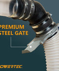 Close-up of a Pro Grade 4 Inch Aluminum Blast Gate for Dust Collection System with Self Cleaning Clog Proof Groove in use.