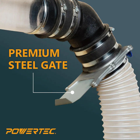 Close-up of 4 Inch Aluminum Blast Gate Set Of 6 For Dust Collection System attached to hose, showing self-cleaning groove.
