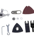 Swap Bench Tools With This Badass Angle Grinder To Multitool Adapter Set crafted from carbon steel, featuring various attachments and tools.