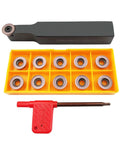 Front view: 11pc RPMT1204MOE carbide inserts in yellow case with black SRDPN1616H12 holder and red installer.