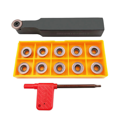 Front view: 11pc RPMT1204MOE carbide inserts in yellow case with black SRDPN1616H12 holder and red installer.