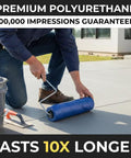 Person using 9 Inch Wide Concrete Texture Roller Kits With Durable Polyurethane 3x3 In Slate Pattern Stamp Tool For Walkways Patios And Borders Made In USA DIY And Pro Grade For Faster Realistic Imprints on concrete surface.