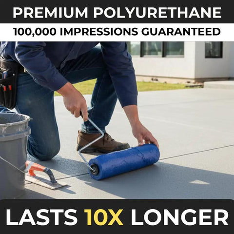 Person using 9 Inch Wide Concrete Texture Roller Kits With Durable Polyurethane 3x3 In Slate Pattern Stamp Tool For Walkways Patios And Borders Made In USA DIY And Pro Grade For Faster Realistic Imprints on concrete surface.