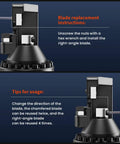Anbull 6 Pcs Electric Rebar Cutter Replacement Blades installation guide showing right-angle blade setup and usage tips.