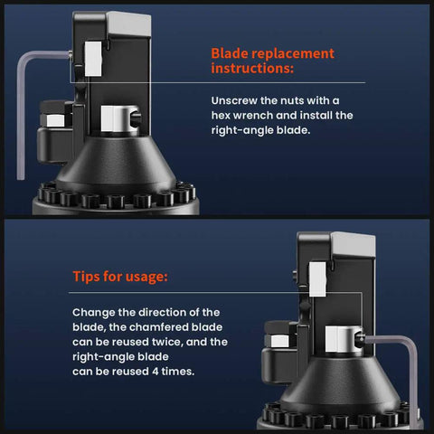 Anbull 6 Pcs Electric Rebar Cutter Replacement Blades installation guide showing right-angle blade setup and usage tips.